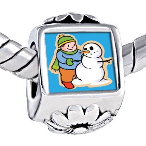 Happy Boy Making Snowman Against Flower Beads Fits Pandora Charm Bracelet