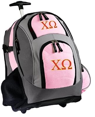 Chi O Rolling Backpack Deluxe Pink Chi Omega - Backpacks Bags with Wheels or School Trolley Carry-On Bags - Unique Wheeled Gifts for Girls Ladies- CUTE!