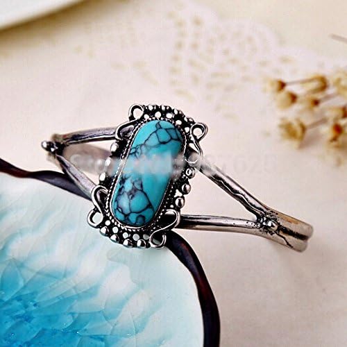 Inspiring Life Antique Tibetian Solitaire Turquoise Statement Silver Tone Bangle