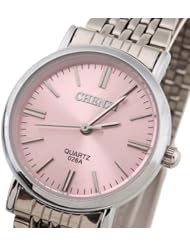 Women Quartz Wrist Watch Wristwatch Round Pink Dial Steel Band
