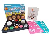 Face Paint For Kids from Wacky Arts, Face Painting Kit Non Toxic, Waterbased, Easy Use 16 Stencil Kit, FDA Safe Includes 8 Colors 2 Glitters, Safety Guide & Design Manual for All Parties & Events