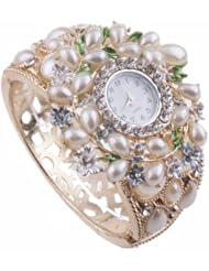 Neewer Womens Pearl Garland Rhinestones Crystals Faux Fashion Bangle Bracelet Dial Wrist Watch Gold Tone