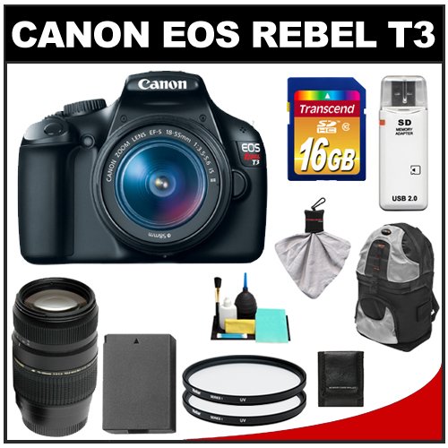 Canon EOS Rebel T3 12.2 MP Digital SLR Camera Body & EF-S 18-55mm IS II Lens with 70-300mm Di LD Lens + 16GB Card + Battery + Backpack Sling Case + (2) Filters + Cleaning Kit