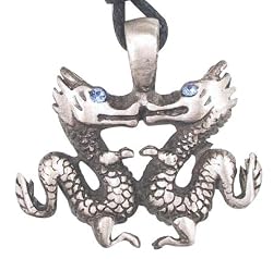 Blue Crystal Kissing Dragons Pewter Pendant Necklace