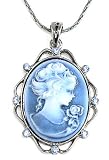 Beautiful Antiqued Blue Cameo Charm Necklace with Blue Crystal Accents Hematite/Black Finish Comes Gift Boxed