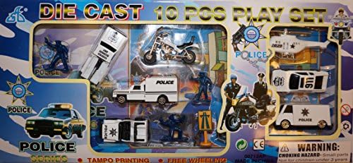 Police Team 10 piece Die Cast Play Set with Action Figure Helicopter Motorcycle Helicopter Truck Race Car Toys Assorted for Kids, Boys or Girls