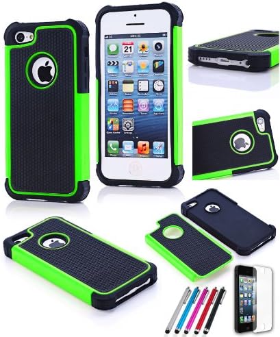Newbilityusa Shock-proof Heavy Duty Impact Rugged Rubber Matte Hybrid Protective Case for iphone 5s & iphone 5 w/ Free Stylus Pen and Screen Protection (Green)