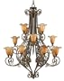Quoizel Flourish 61-Inch Three Tier Chandelier With 16 Uplights with Amber Art Glass with Black Edging, Malaga Finish #FS5016ML