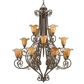 Quoizel Flourish 61-Inch Three Tier Chandelier With 16 Uplights with Amber Art Glass with Black Edging, Malaga Finish #FS5016ML