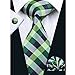 Barry.Wang Plaid Ties Check Mens Necktie Set with Handkerchief Cufflinks Classic Stripe Green Grey