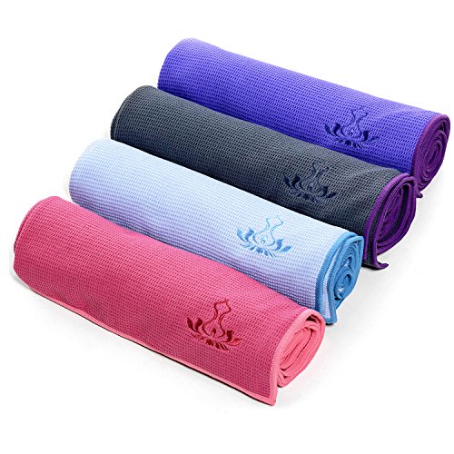 Premium Non Slip Yoga Towel by Heathyoga: Skidless Silicone Coating, Machine Washable, 4 Corner Pockets, Super Absorbency, Quick Dry, Free Gift bag. Perfect for Hot Yoga, Bikram, Pilates and Ashtanga.