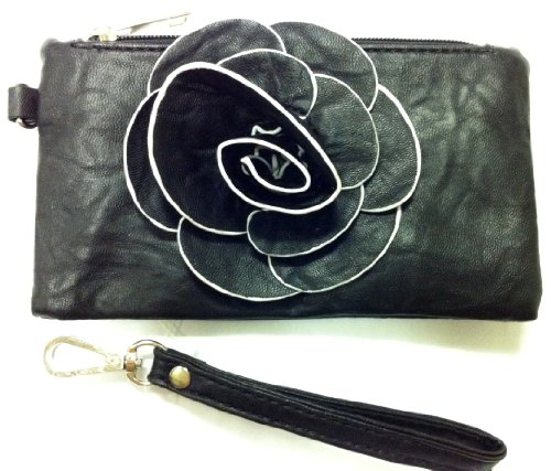 Designer Raised Flower Purse Rectangle shaped Pouch Bag Wristlet Rose Wallet Handbag Clutch Faux Leather Tote Chic 3D Flower