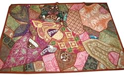 Pink Gold Embroidered Sari Wall Hanging Tapestry