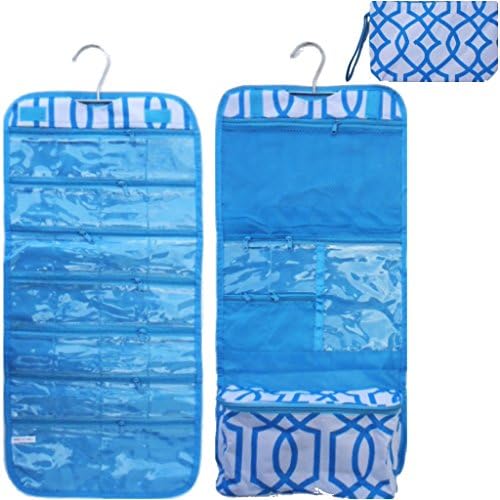 Hanging Fashionista Travel Bag Gift Set - 1 Folding Case with Small Pouches &amp; 1 Folding Case with Larger Pouches Travel Accessory Case in Aqua and White Plus Hair Tie