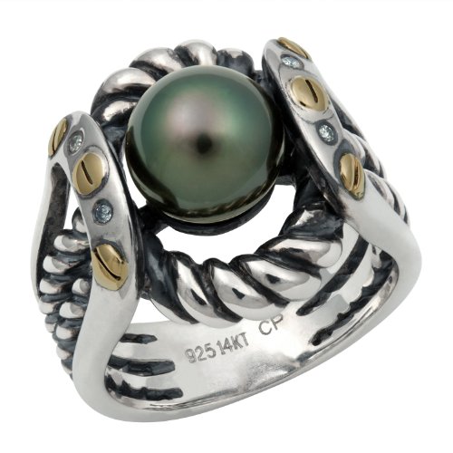 14K Yellow Gold and .925 Sterling Silver 8-9mm Tahitian Black Pearl and Diamond Ring TR-10057A-AM