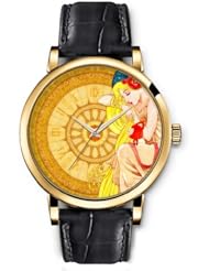 SPRAWL Aanalog Fashion Series Gold Ladies Watches of Genuine Black Leather Strap,Unique Wrist Watch for Women Girls Designed with Goddess on a clock head