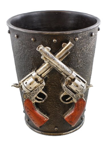 Double Pistol & Faux Cast Iron Waste Basket / Trash Can - Western Gun Revolver Six Shooter