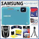 Samsung AQ100 12.2MP Waterproof Digital Camera with 5x Optical Zoom and 2.7-inch LCD Screen in Blue + 4GB Accessory Kit