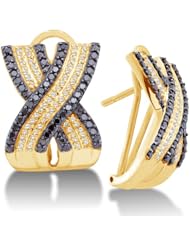 14K White Gold Large Micro Pave Set Round White and Black Diamond Cross Over Hoop Earrings - (1.50 cttw)