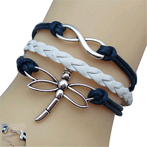 JQUEEN Cute Silver Dragonfly Infinity Charms Braided Leather Rope Wrap Around Bracelet