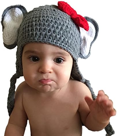 My Micson Baby Crochet Beanie Elephant Style Ears & Red Bow Knitted Photography Prop