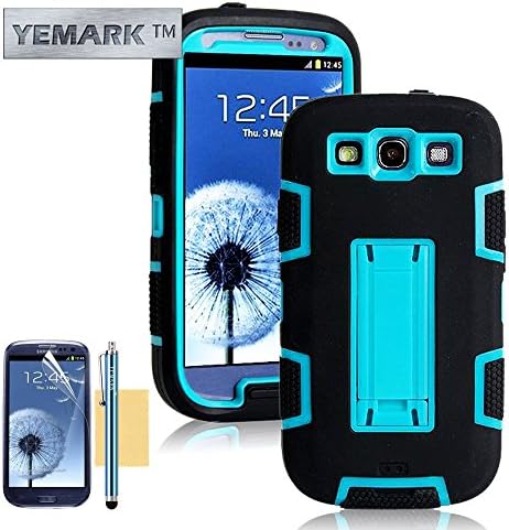 S3 Case, S3 Back Case, YEMARK Fashion Hybrid High Impact Bumpers Slim Back Protective Case Folding Kick-Stand Design Back Case Cover For Samsung Galaxy S3 i9300[Soft Silicone Skin][+Stylus+Screen Protector+Cleaning Cloth]-(Black+Blue), Samsung Galaxy S3 Case
