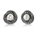 Sparkling Delight: Sterling Silver Whorl Stud Earrings with Marcasite and Mabe Style Mother of Pearl Beads