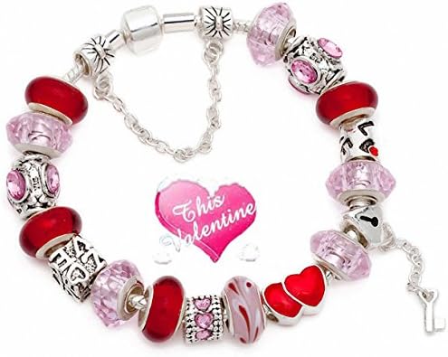 ( 7.8inch/20cm ) European Hot Fashion Style Red & Pink Murano Glass Beads love lock and key Charm Beaded Complete Silver Plated Bracelets for Women Girls Jewelry Compatible With Pandora