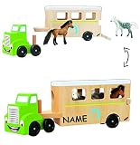 Pferdetransporter / Pferdeanhänger mit Auto & 2 Pferde - aus Holz - Fahrzeug - Pferdestall - Pferdetransportwagen - Holzauto Reitturnier - Tier Transporter / Bauernhof Pferd - für Kinder Mädchen Jungen - Tiere - Laster Anhänger / Holzpferde - Spielzeugpferde - 