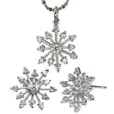 Sparkling Diamond Cubic Zirconia Snowflake Platinum Overlay Sterling Silver Pendant Necklace and Stud Earrings Set