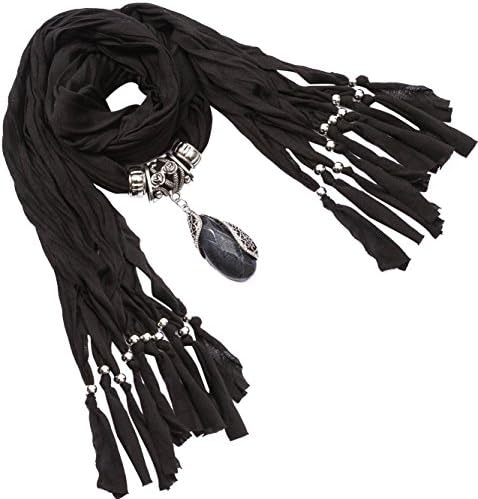 Seafire Women's Infinity Stole Scarf Wrap Shawl with Pendant Necklace Jewelry (Black 0073-3)