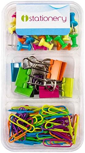 iStationery Kit Rainbow Color Push Pins, Binder Clips &amp; Binder Clips in Clear Case