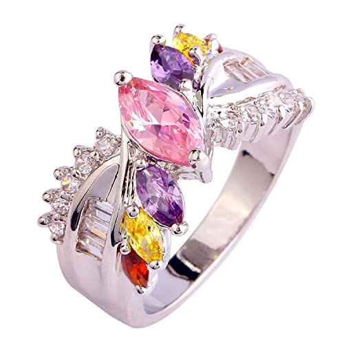 Psiroy 925 Sterling Silver Stunning Created Gorgeous Women's 8mm*10mm Marquise Cut CZ Pink Topaz Filled Ring