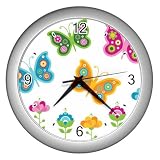 Silver Wall Clock of Retro Butterflies in 60s Colors (Pink, Blue, Green, and Yellow Butterfly with Flowers)