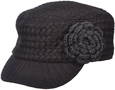 SCALA PRONTO SATIN LINED TUFTED ACRYLIC BLACK FLOWER TRIM NEWSBOY CADET CAP LW625