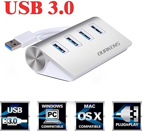 USB Hub, Ourkens Premium 4 Port Silver Aluminum USB 3.0 Portable Hub (30" cable) for iMac, MacBook Air, MacBook Pro, MacBook, Mac Mini, or any PC (4-Port USB 3.0 Hub)
