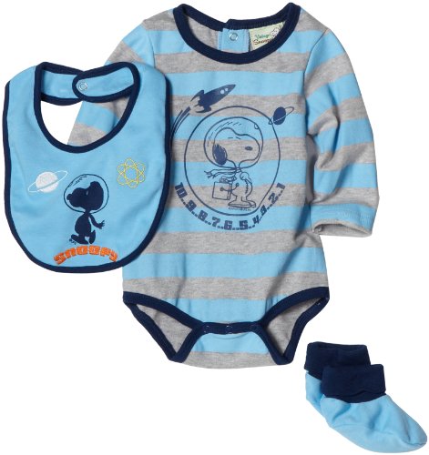 Franco Apparel Baby-boys Newborn Peanuts 3 Piece Creeper Set, Blue/Heather Grey, 3 Months