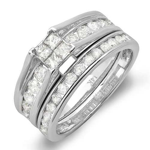 14k White Gold Princess & Round Invisible Diamond Ladies Bridal Ring Set Engagement Set (1.00 cttw, H-I Color, I1-I2 Clarity)