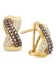 14K White Gold Round Brilliant Cut Chocolate Brown and White Diamond - Crossover Shape Channel Set Studs Earrings - (.53 cttw.)