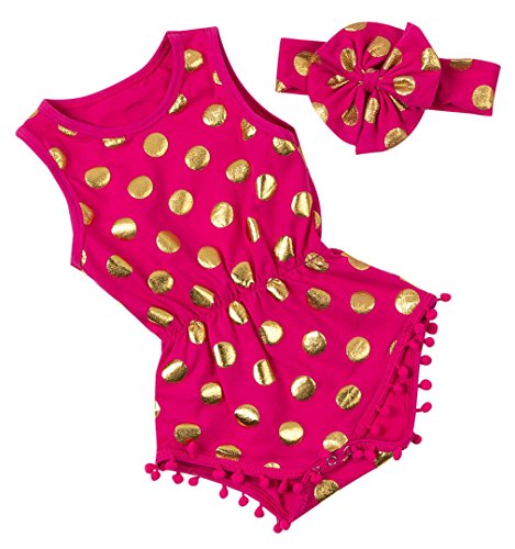 Messy Code Gold Dot Pompom Jumpsuit with Headband for Baby Girls