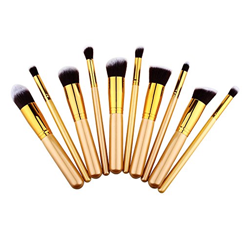 Unimeix? 10 pcs Premium Synthetic Kabuki Makeup Brush Set Cosmetics Foundation Blending Blush Eyeliner Face Powder Brush Makeup Brush Kit (Golden)