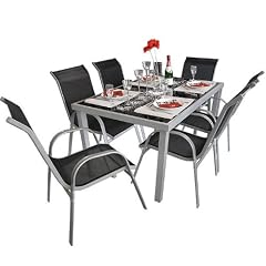 7tlg. Gartengarnitur Glastisch 150x90cm + Stapelst�hle Textilen
