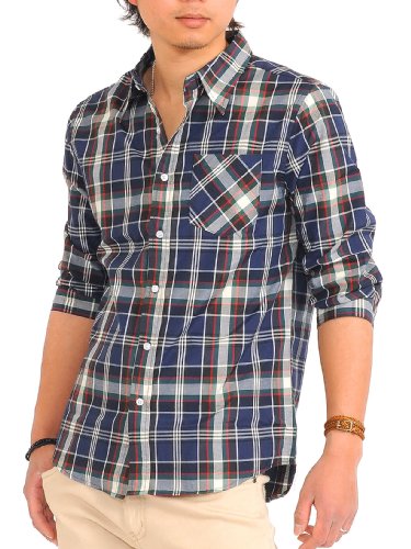 (スペイド) SPADE シャツ チェック 七分袖 メンズ カジュアル チェックシャツ 【w315】 (M, ネイビー)