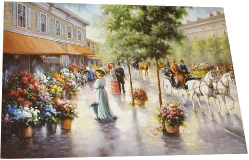 Roseart Masterworks 1000 Piece Puzzle Morning Has Broken Features a Early Morning Scene on a Victorian Street Probably in England with Men Dressed up in Top Hats and Women in Fancy Dresses with Bonnets Shopping for Flowers at a Florist With Horse Drawn Carriages in the Background.