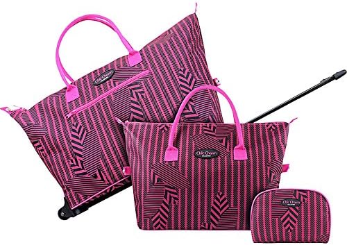 3pc Rolling Wheel Travel Bag Clutch Duffel Cosmetic Purse Tote Set Pink