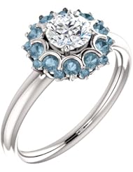 Platinum Round Cut White and Blue Diamond Flower Inspired Ring -- LIFETIME WARRANTY