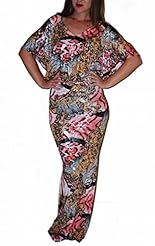 V-neck General Print Elasticized   Waistline Polyester/Spandex Dolman Maxi Dress 