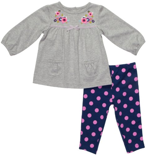 Carter's Girls 2-piece L/S Cotton Knit Top and Legging Pant Set, Gray/Navy Blue/Pink, 9 Months