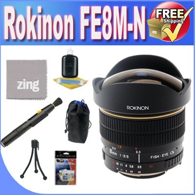 Rokinon 8mm Ultra Wide F/3.5 Fisheye Lens with Auto Aperture and Auto Exposure Chip AE8M-N + Lens Pouch + Zing Microfiber Cleaning Cloth + Lens Pen Cleaner + Lens Accessory Package