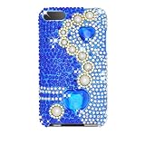 Sparkling Blue Pearl Diamond Heart Full Rhinestone Diamond Snap on Hard Skin Back Cover Bling Case for Apple Ipod Touch Itouch 2nd Gen 3rd Gen Slim Fit
